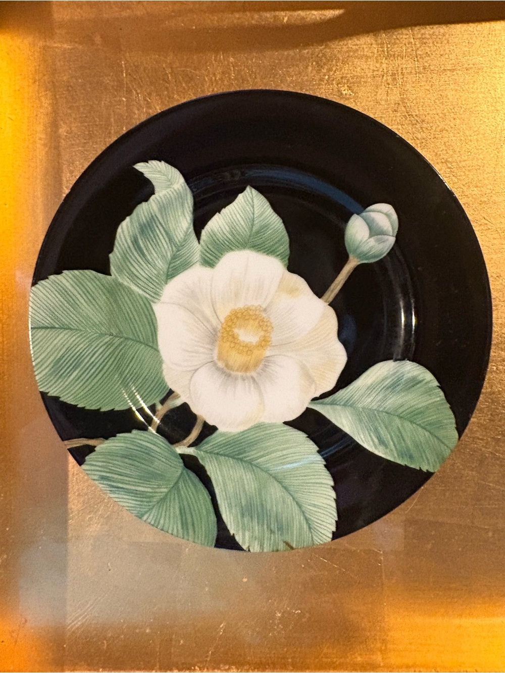 Fitz & Floyd Moon Flower Dessert Plates Four 4 Black White Flower Green Leaves